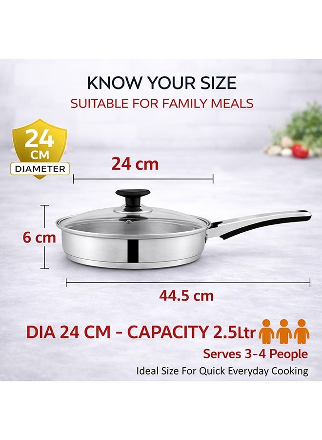 SONEX Supreme Frying Pan/Skillet 24cm (2.5 Ltr) – Stainless Steel, Glass Lid, Cool Ergonomic Handle, Sandwich Bottom, Durable Design, Dishwasher Safe, Stir Frying Pan, All Stoves Compatible - Image 2